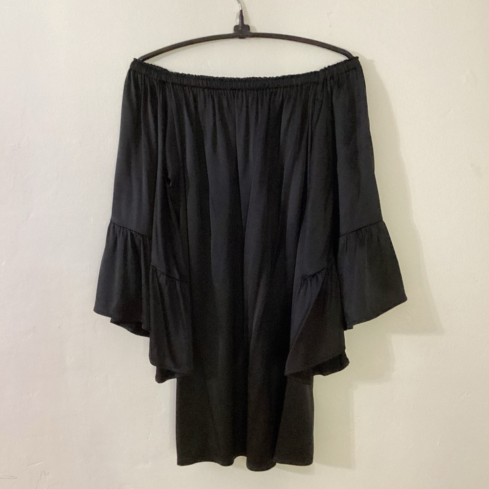 Canele Miami Black Off-Shoulder, Silk, Ruffle Mini Dress